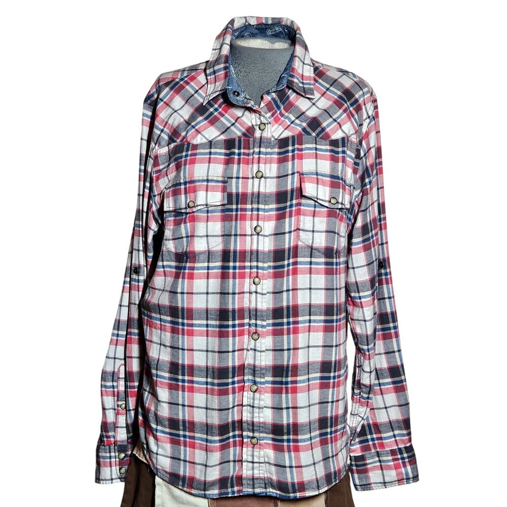 Jachs Girlfriend Bea Pearl Snap Button Up Plaid Roll Tab Sleeve Size Medium